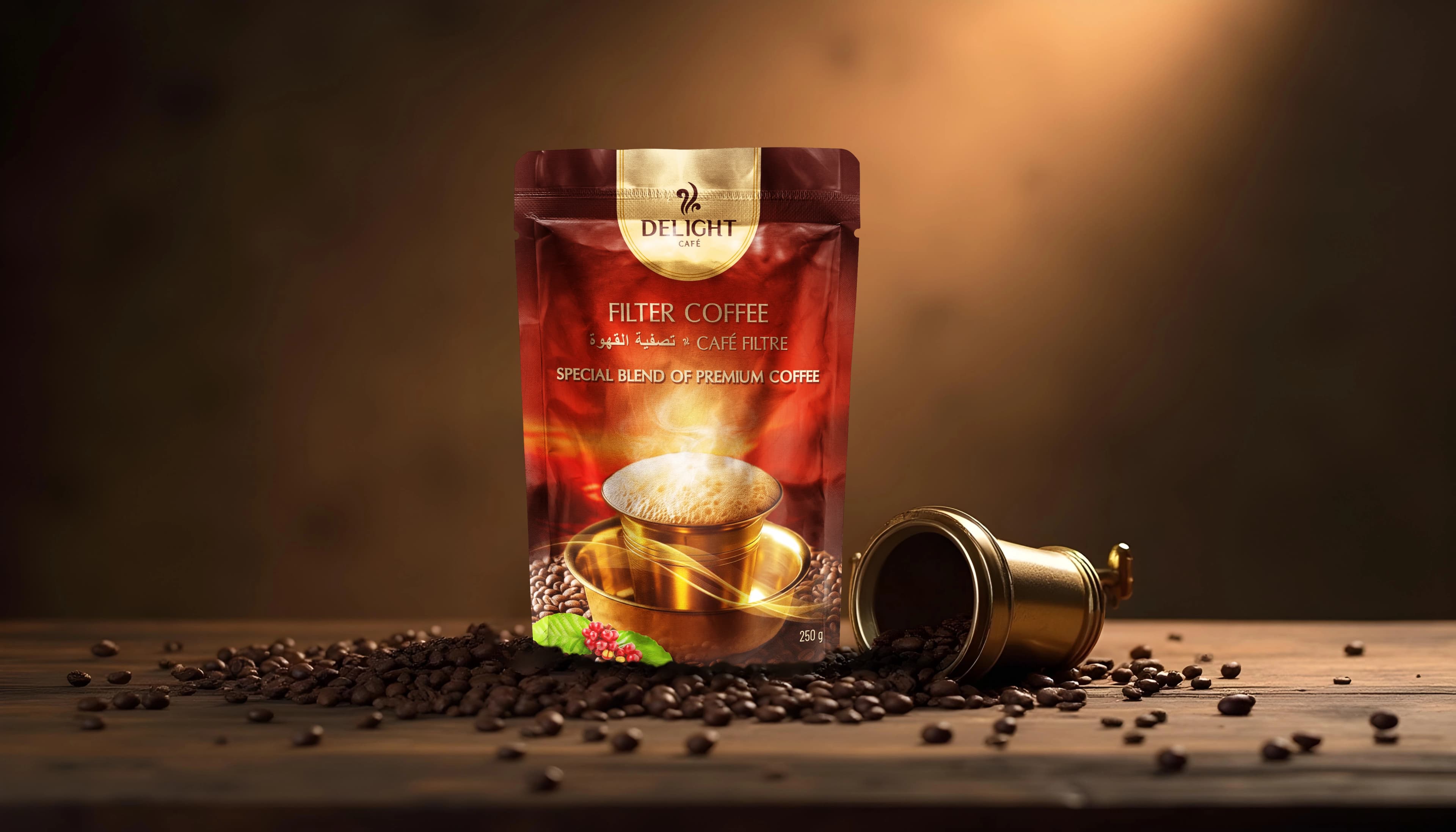 Delight Café pouch with scattered coffee beans and brass filter