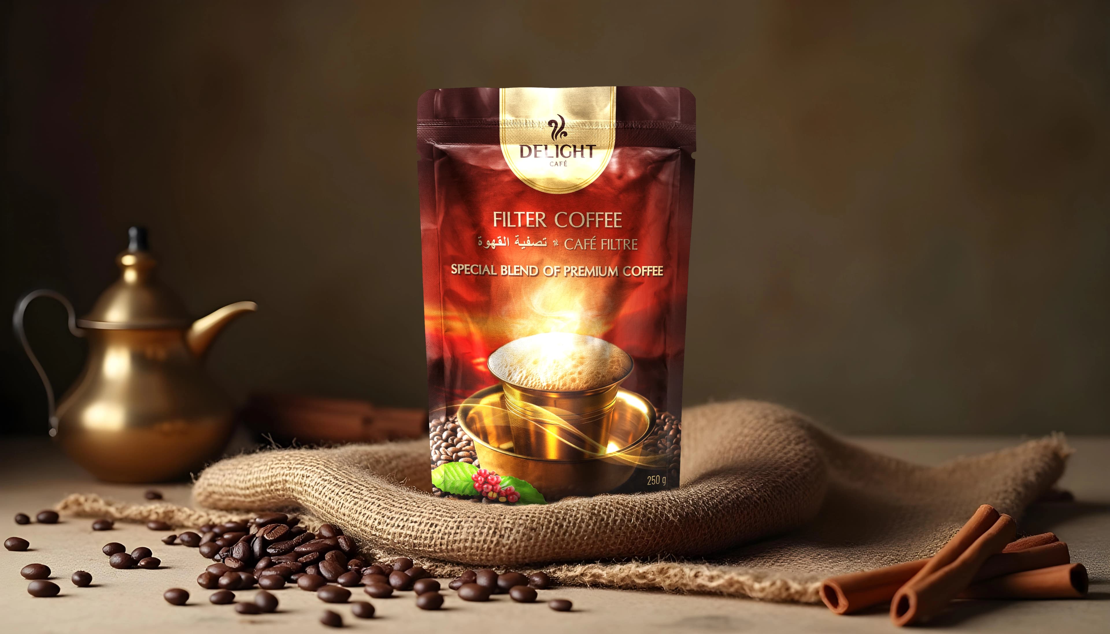 Delight Café pouch with burlap and cinnamon